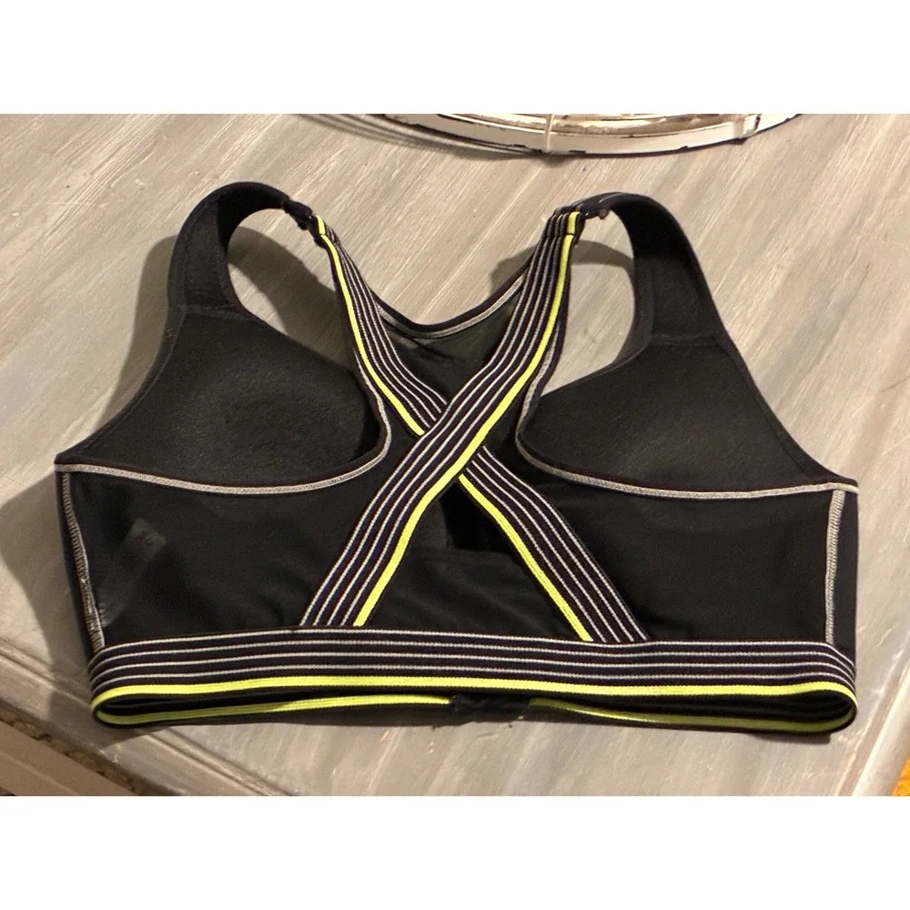Danskin Now Womens Black Zip Front Sports Bra Neon Stripe 36C High Impact